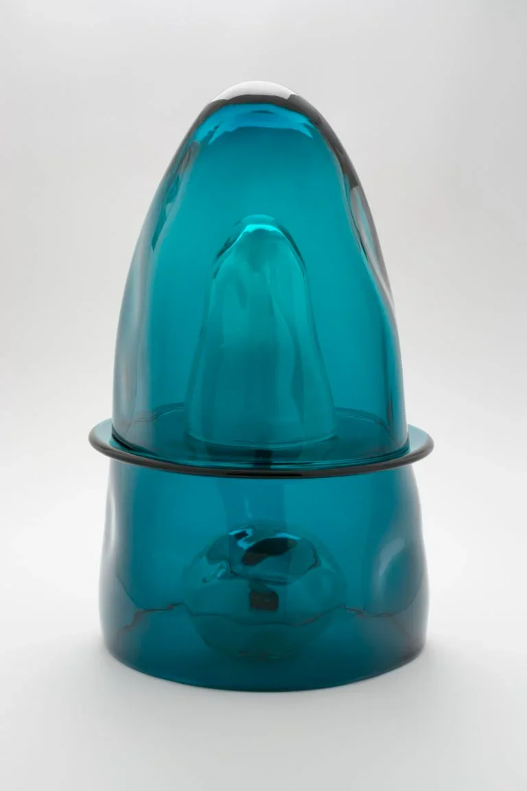Sibilla, a turquoise glass sculpture by Tristano di Robilant for Venice Works, shown against a plain light background.