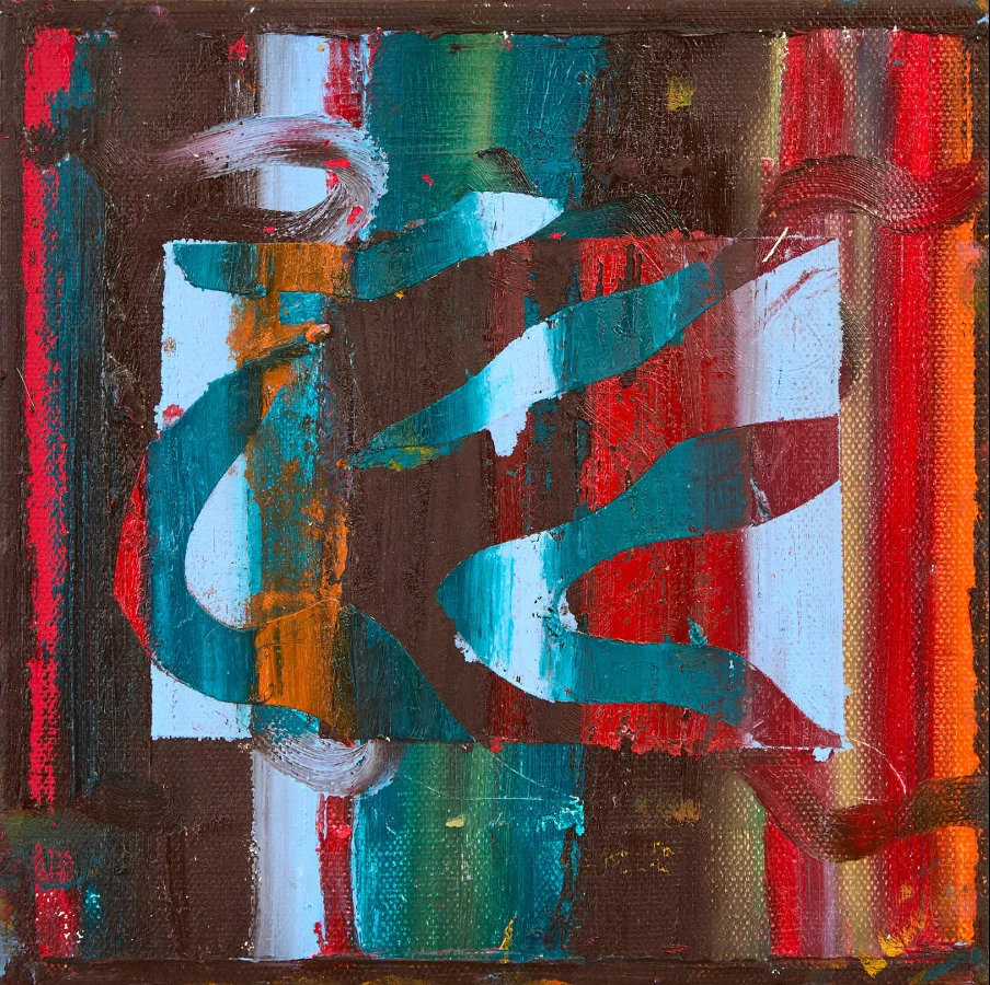 Abstract painting with vertical bands of red, teal, brown and orange, overlaid by sweeping turquoise brushstrokes on a small square canvas.