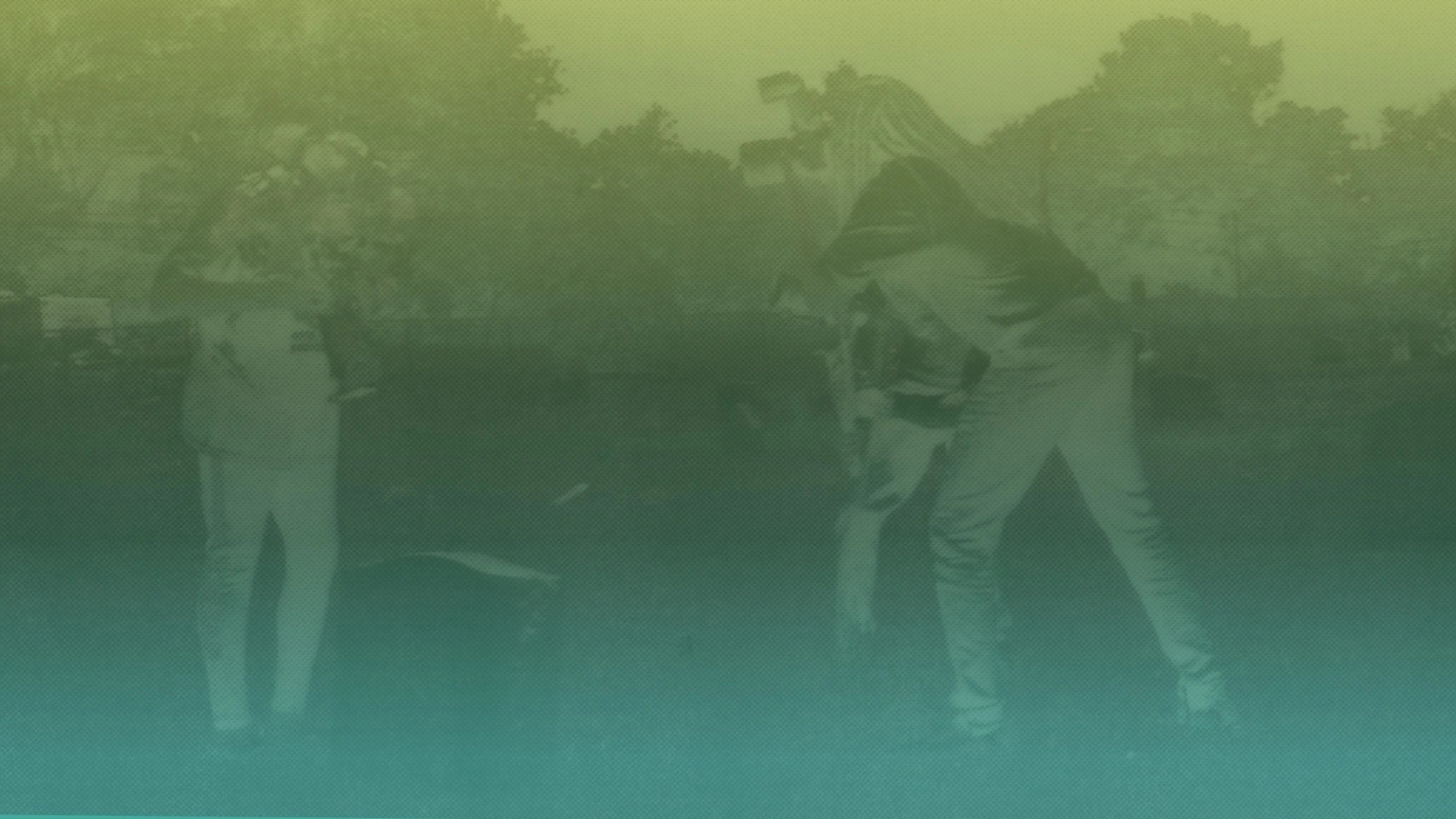 Gradient green and yellow halftone image of Naeem Mohaiemens Through a Mirror, Darkly module cover, based on a graveyard filming scene.