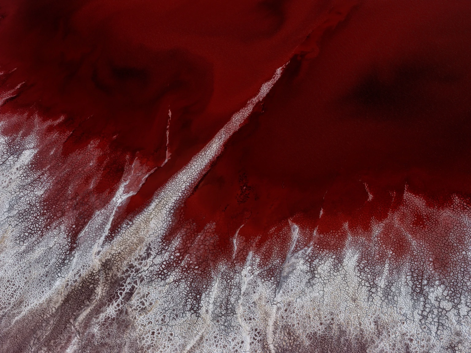 Aerial view of a deep red tailings pond with white, cracked mineral deposits spreading upward in branching, vein-like patterns along the lower edge of the image.