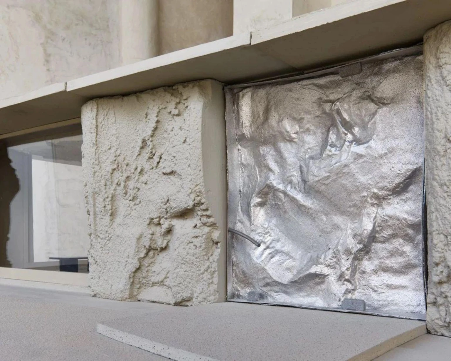 Close-up detail of the Green Corner Building in Muharraq, Bahrain, by Anne Holtrop, showing rough textured cream plaster next to a crumpled metallic silver panel set into the facade.