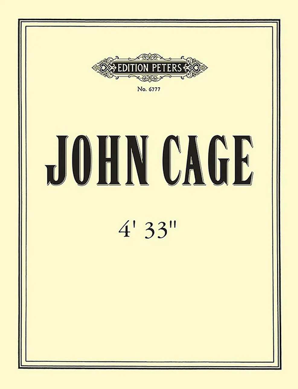 Sheet music cover for John Cage’s 4′33″, featuring minimalist typography on a pale background representing the silent composition.