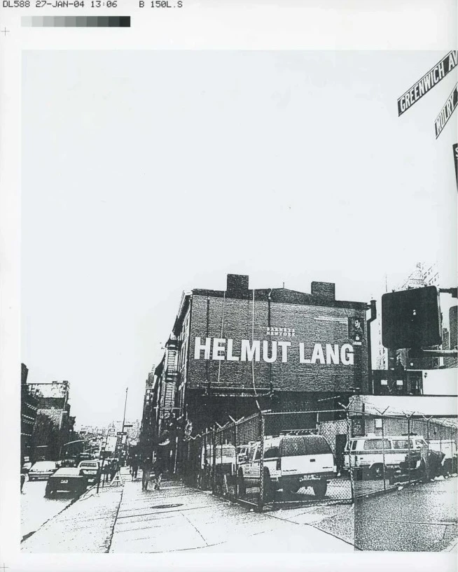 Test print of Helmut Lang Barneys New York wall advertising showing a black and white urban streetscape with Helmut Lang signage, from the MAK Helmut Lang Archive