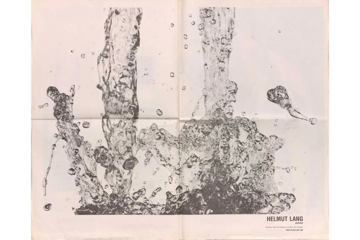 Helmut Lang Parfums supplement from The New York Times featuring a black and white photograph of splashing water by Larry Larimer, 2001
