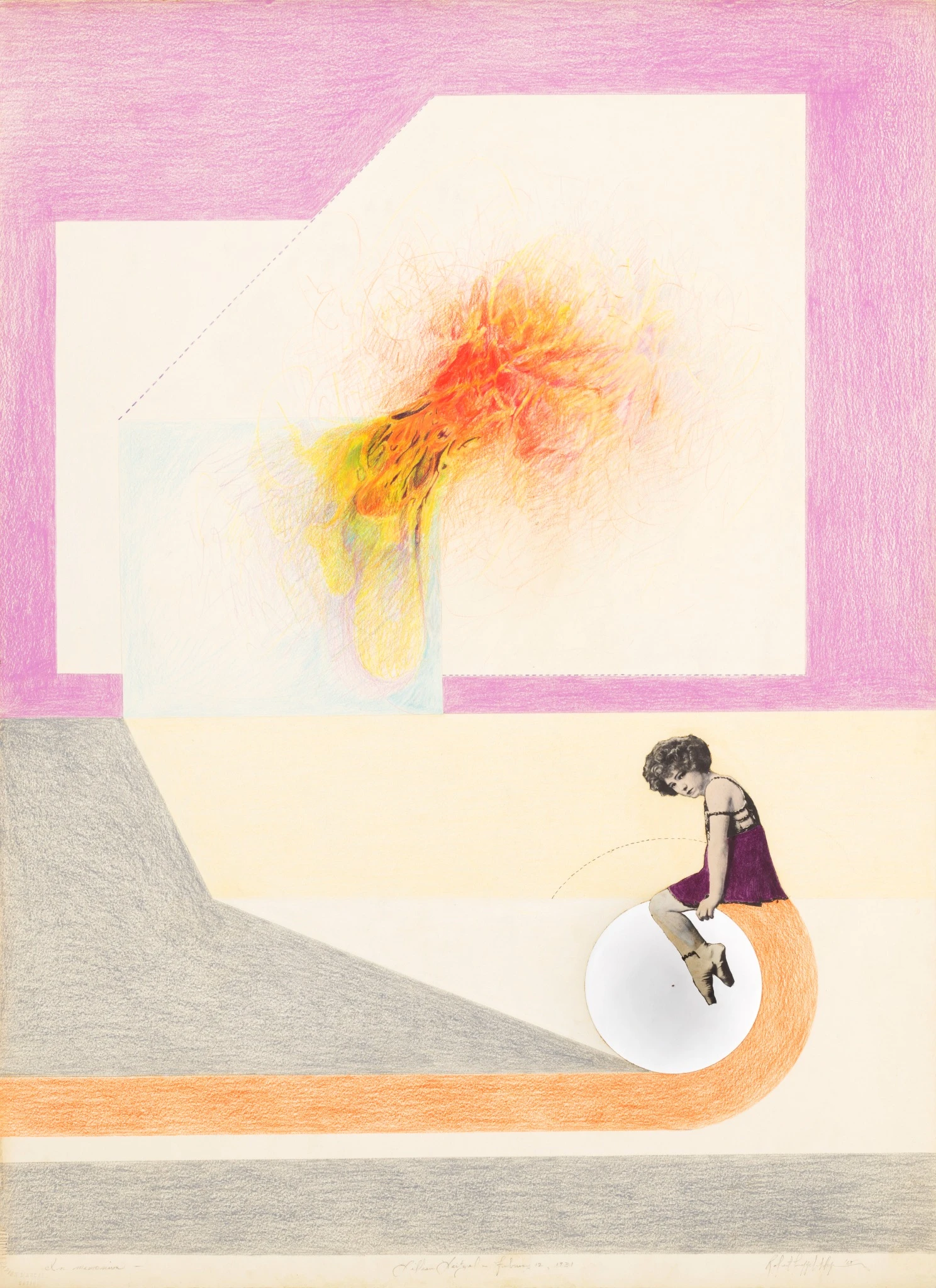 Mixed media collage featuring geometric color fields in pink, orange and gray with a small vintage figure of a seated ballerina placed on a circular form. Robert Mapplethorpe, Collage, Untitled, 1968 Robert Mapplethorpe Foundation