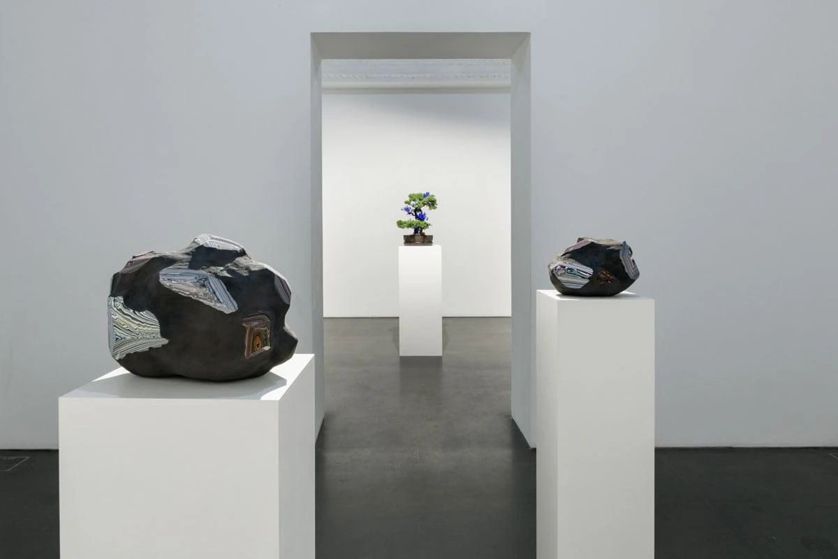 Installation view of Variantology by Agnieszka Kurant showing sculptural stone like forms displayed on white pedestals in a gallery space, with a bonsai like tree sculpture visible on a pedestal through a doorway in the background