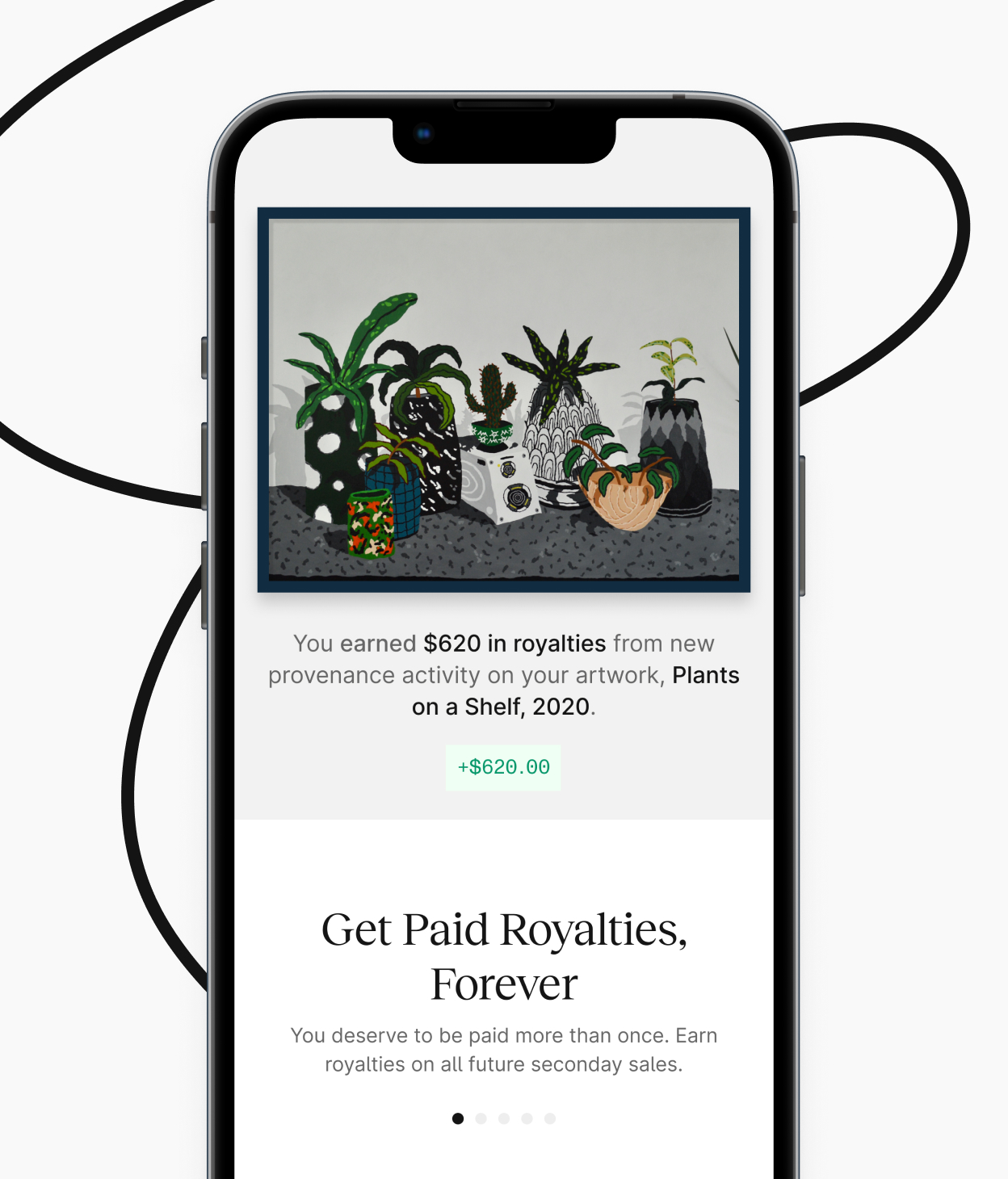 Verisart mobile app showing $620 royalties earned on Plants on a Shelf 2020 artwork