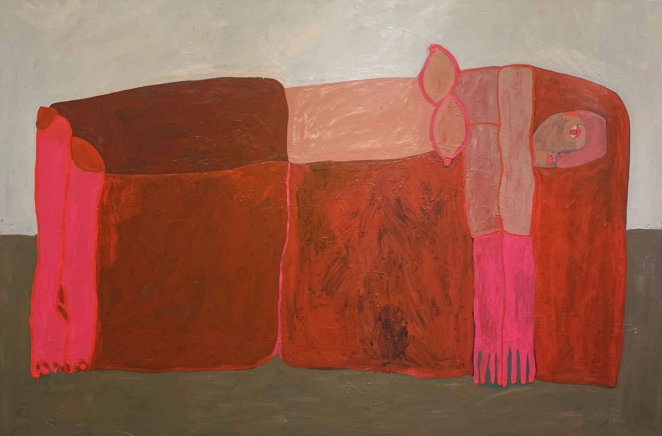 Contemporary figurative painting of a reclining human figure in warm earthy tones with vivid pink accents, simplified forms, and textured brushwork, set against a muted background.
