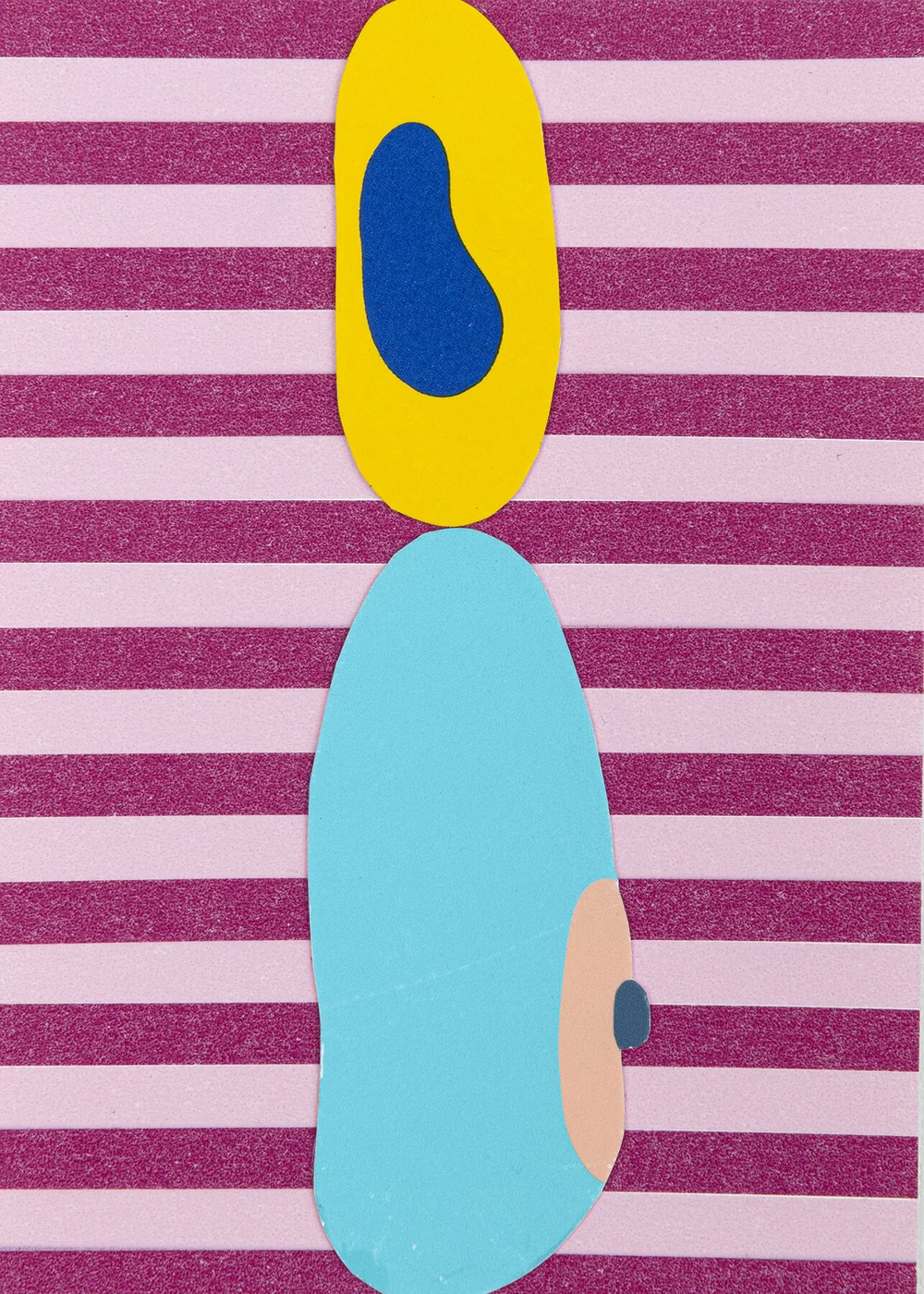 Colorful abstract composition with layered organic shapes in yellow, blue, and turquoise arranged vertically against a pink striped background, creating a playful, graphic figure-like form.