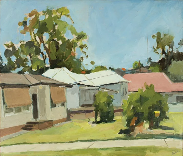 Impressionistic painting of suburban houses with trees and sunlit greenery, rendered in loose brushstrokes under a bright blue sky.