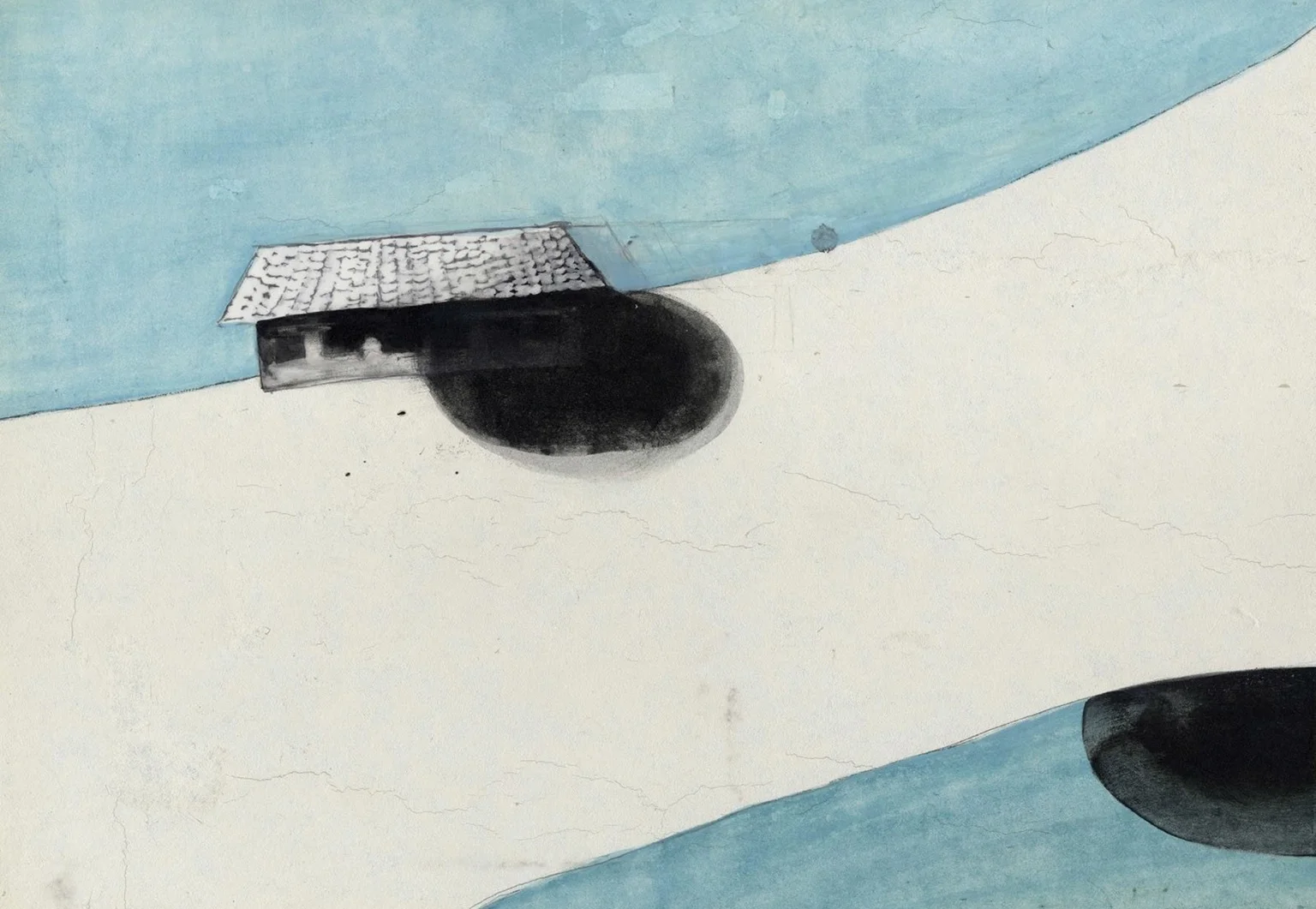 Minimal abstract landscape with a small house-like structure casting a dark shadow across pale terrain, set against soft blue and off-white forms creating a quiet, atmospheric composition.