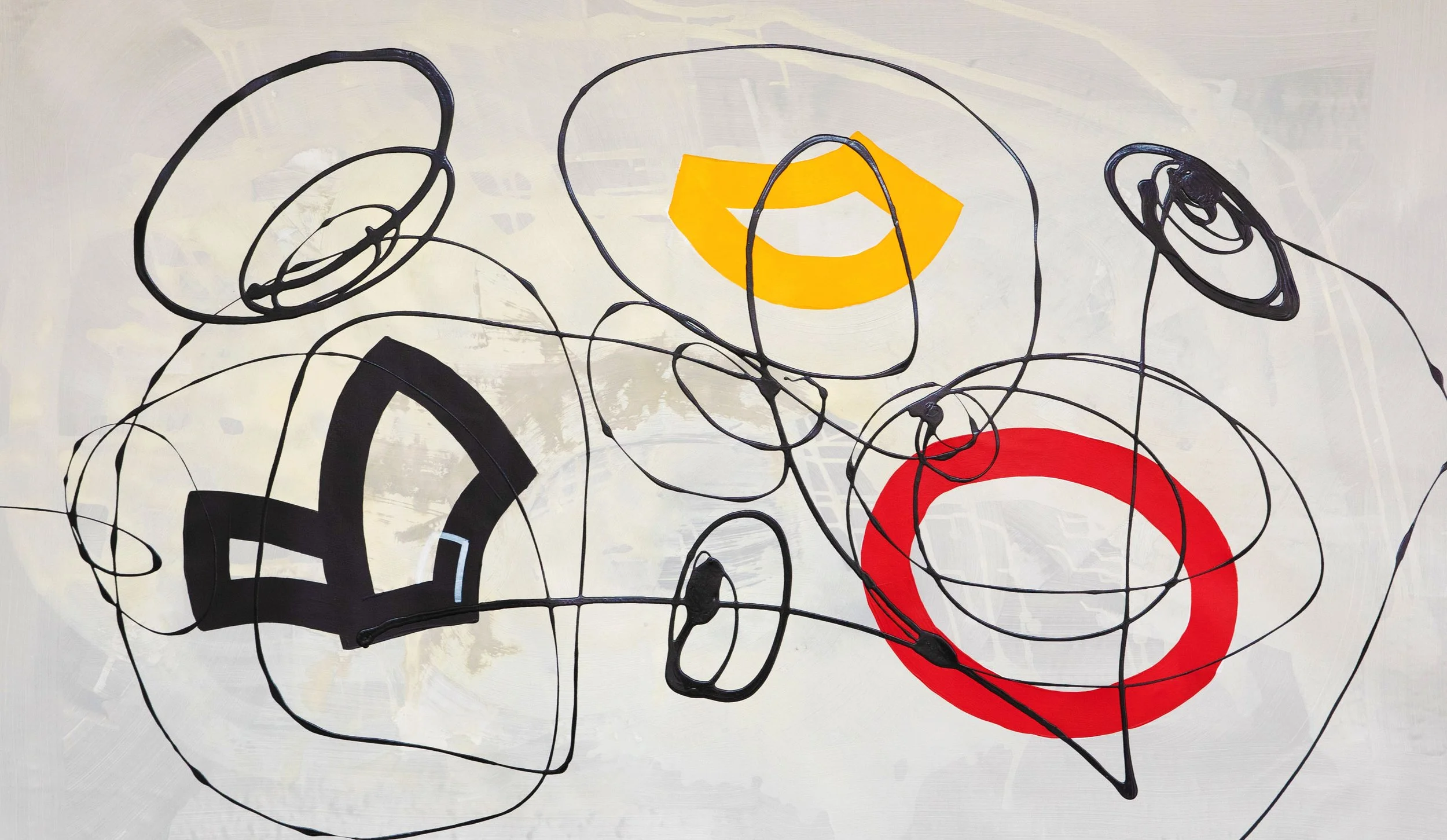 Abstract composition with looping black lines layered over a pale background, intersecting with bold graphic shapes including a red circle, yellow curved form, and black geometric elements, creating a dynamic, gestural composition.