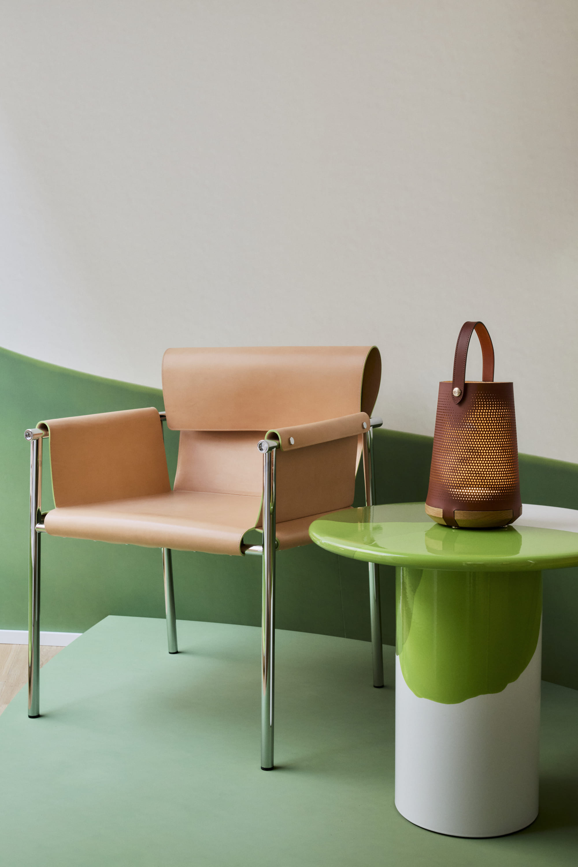 Longchamp x Patrick Jouin leather chair and lamp installation, Milan Via della Spiga, April 2026