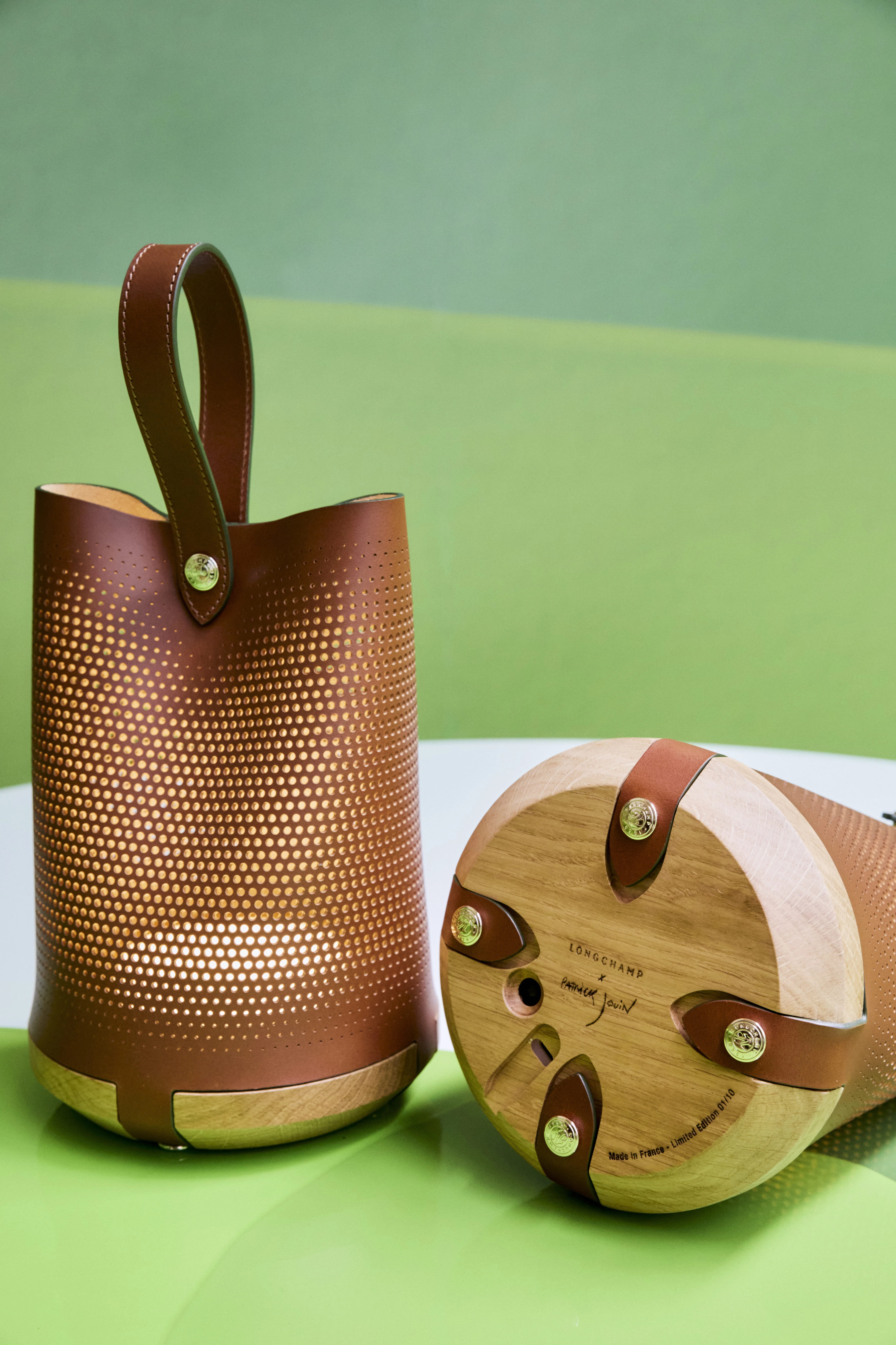 Longchamp x Patrick Jouin limited edition perforated leather and wood cylindrical lamp, Milan 2026