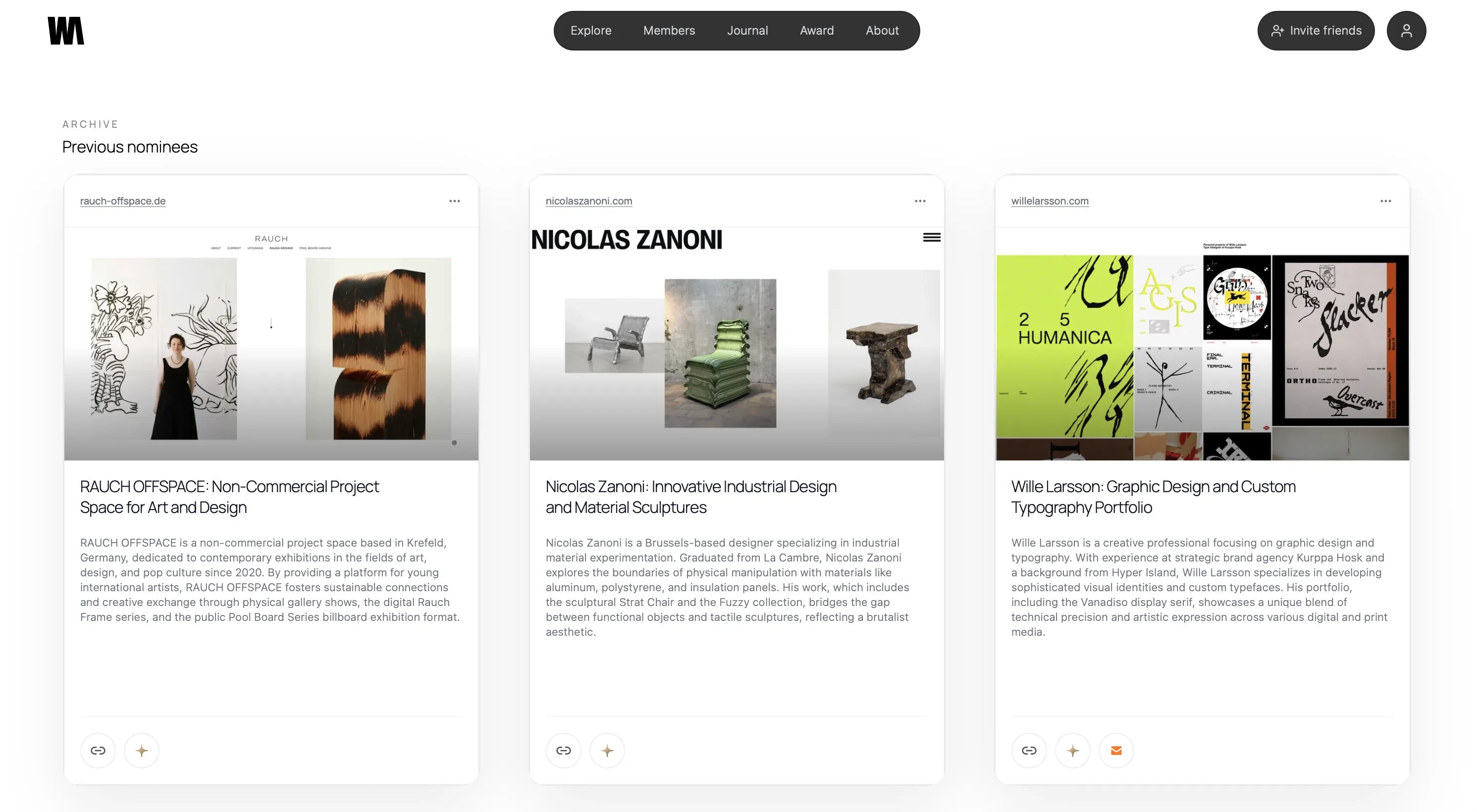 WeDirectory archive page showing previous nominees with curated website cards featuring art, design, and typography portfolios from Rauch Offspace, Nicolas Zanoni, and Wille Larsson.