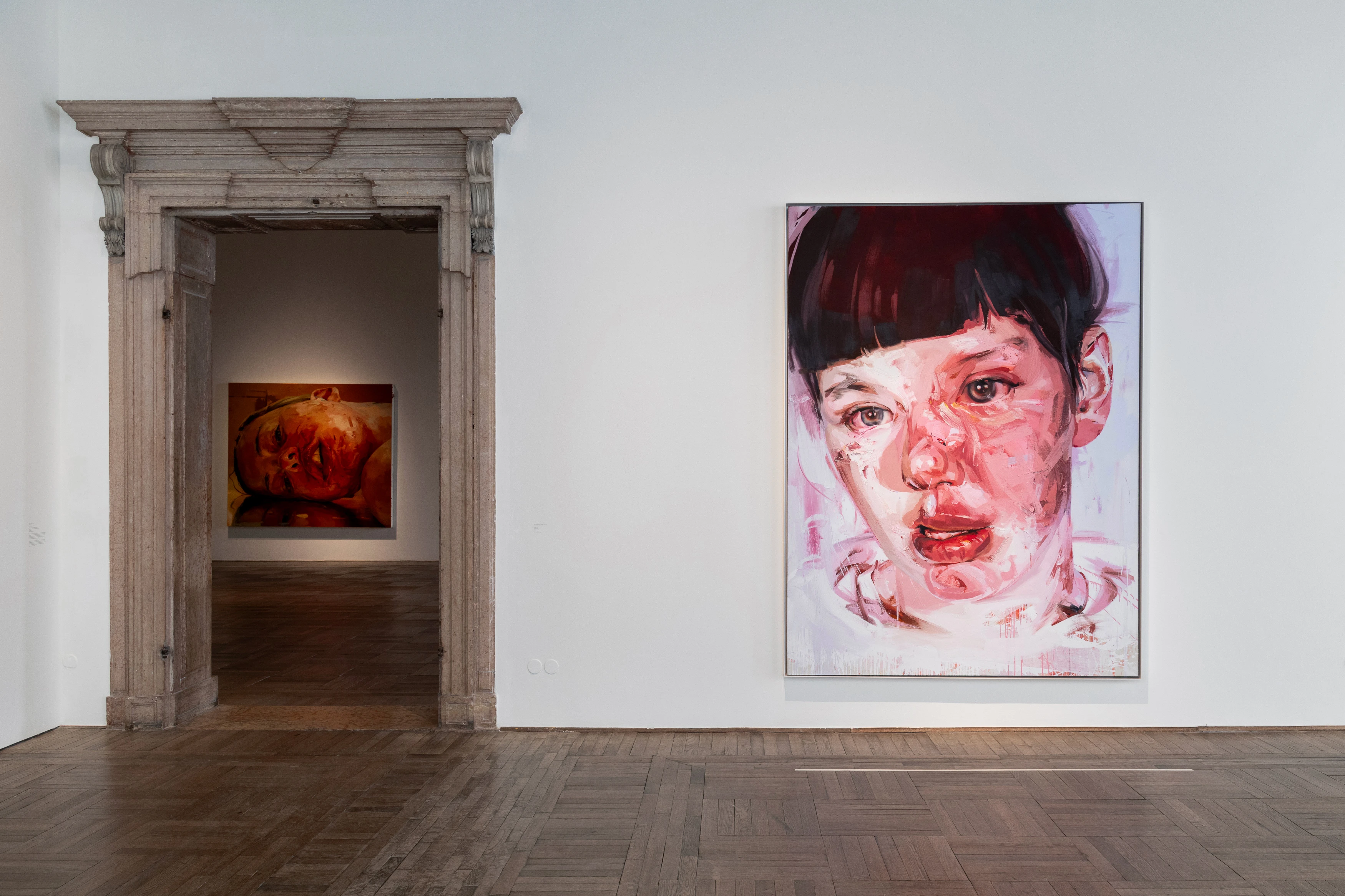 Jenny Saville large-scale figurative paintings installed at Ca' Pesaro museum, Venice