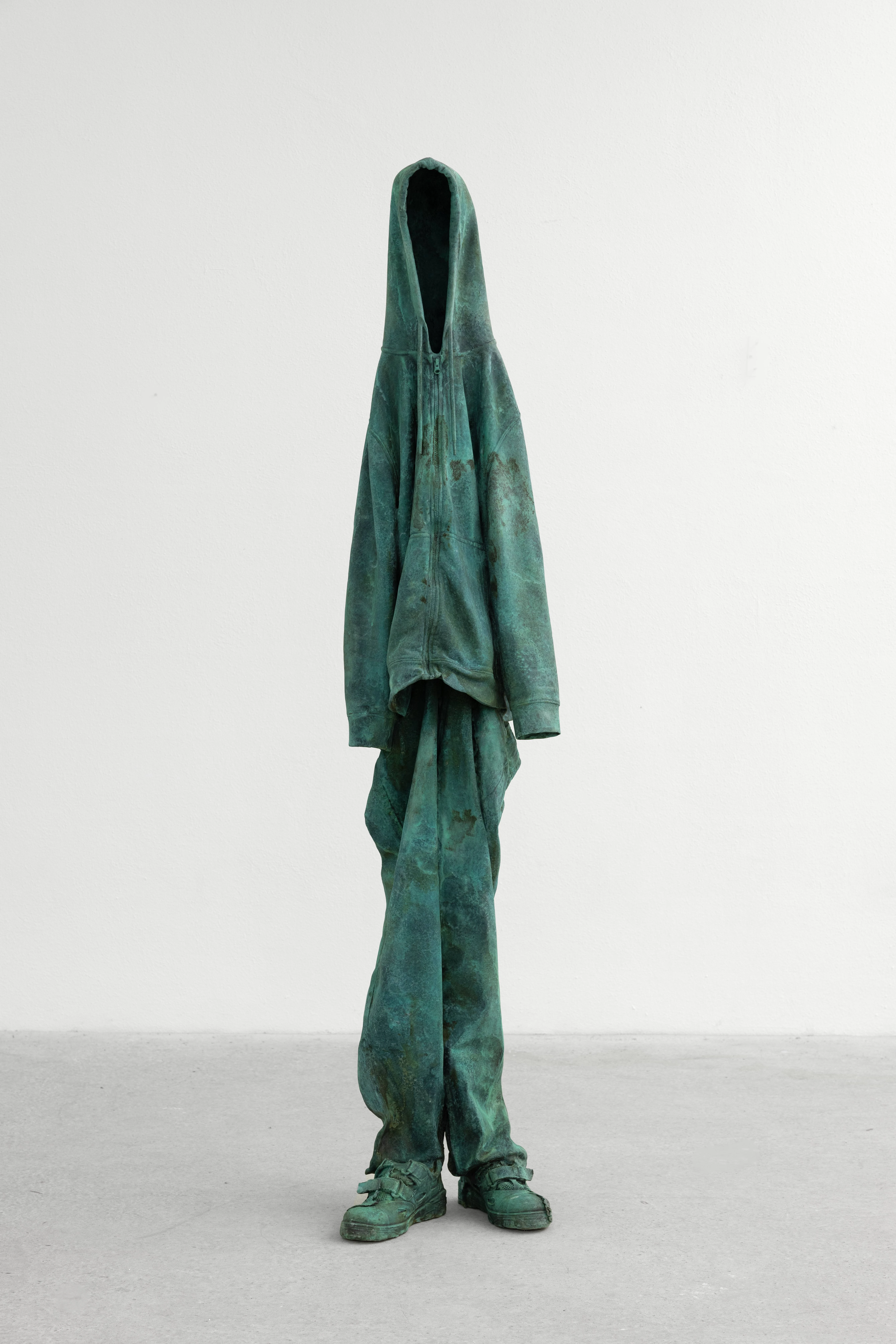 Erwin Wurm, Shadow 2024, bronze sculpture with patina depicting empty hoodie and sneakers