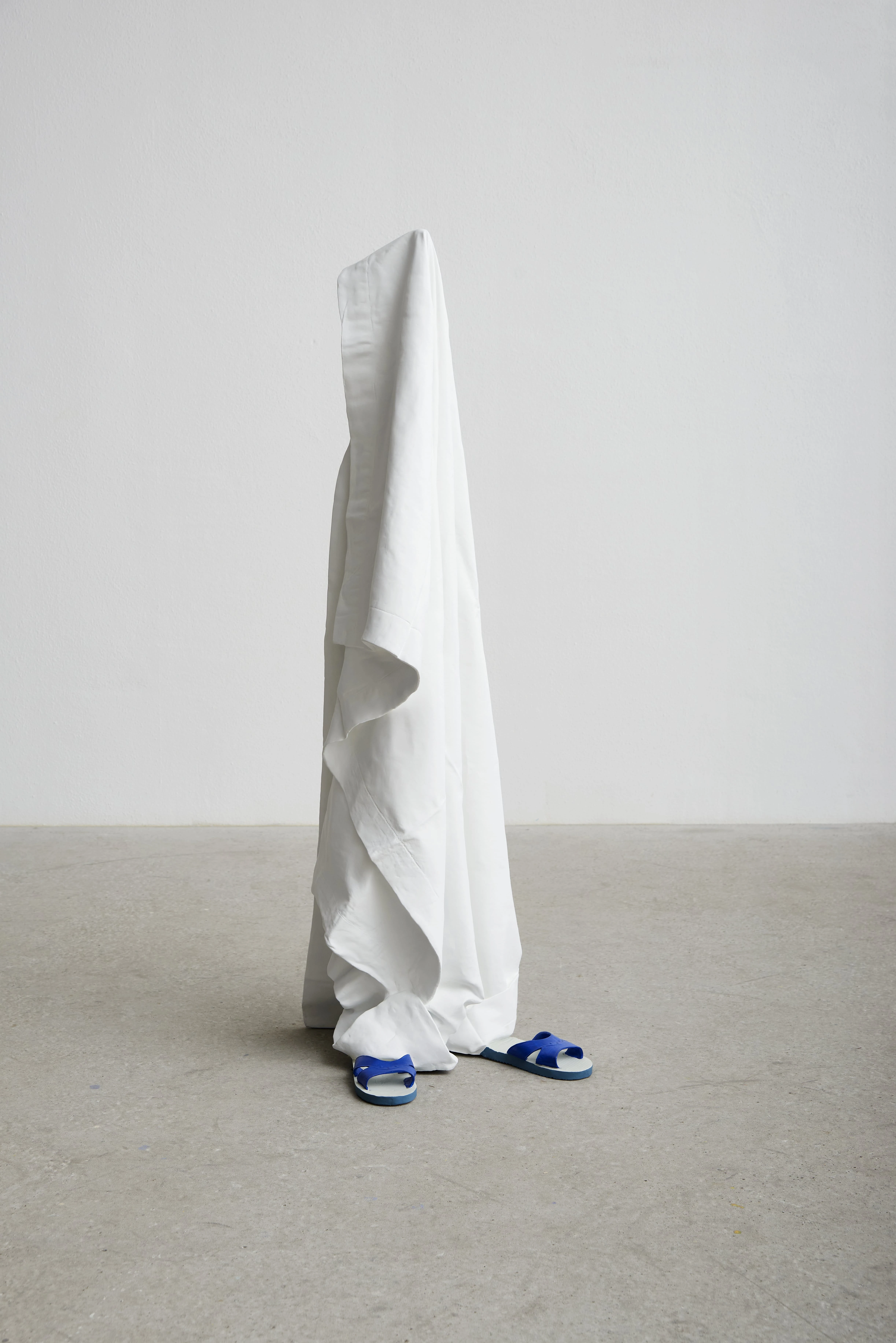 Erwin Wurm Yikes 2024 aluminium sculpture draped white sheet blue sandals Substitutes series
