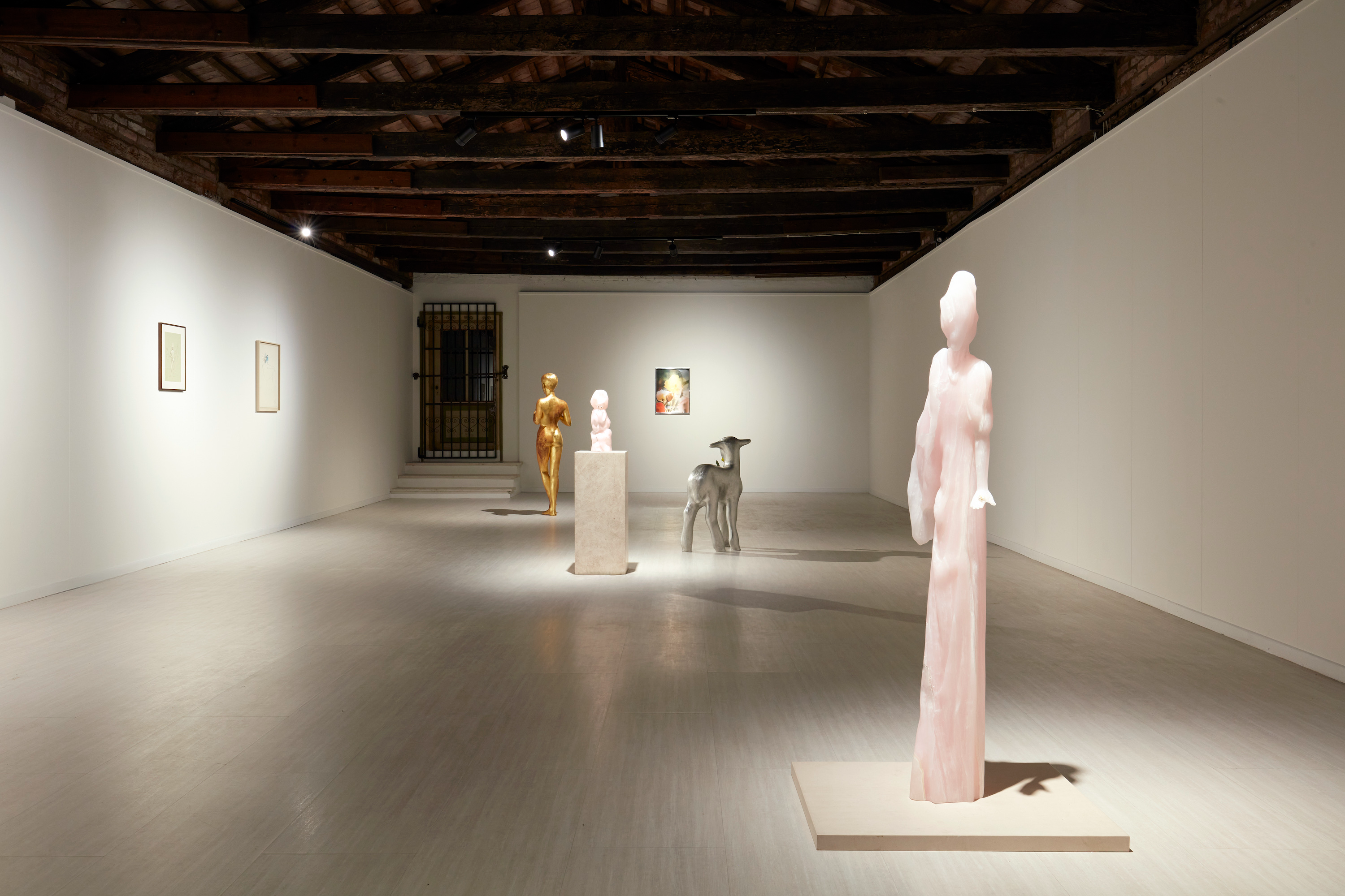 Art installation at Ca' Riviera featuring sculptures by Leonor Fini and Yves Scherer, Venice