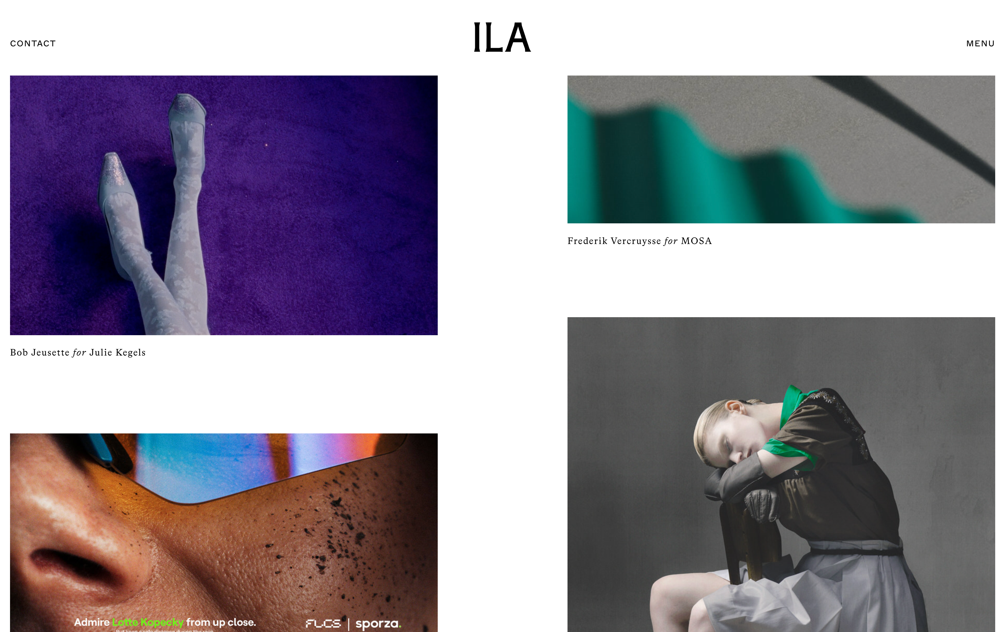 ILA creative agency portfolio grid featuring Bob Jeusette, Frederik Vercruysse, and Sporza campaigns