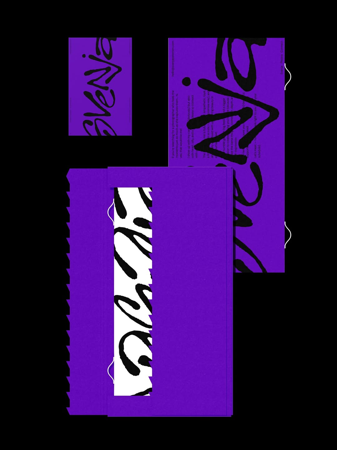 Svenia brand identity design with bold black script on vibrant purple print collateral