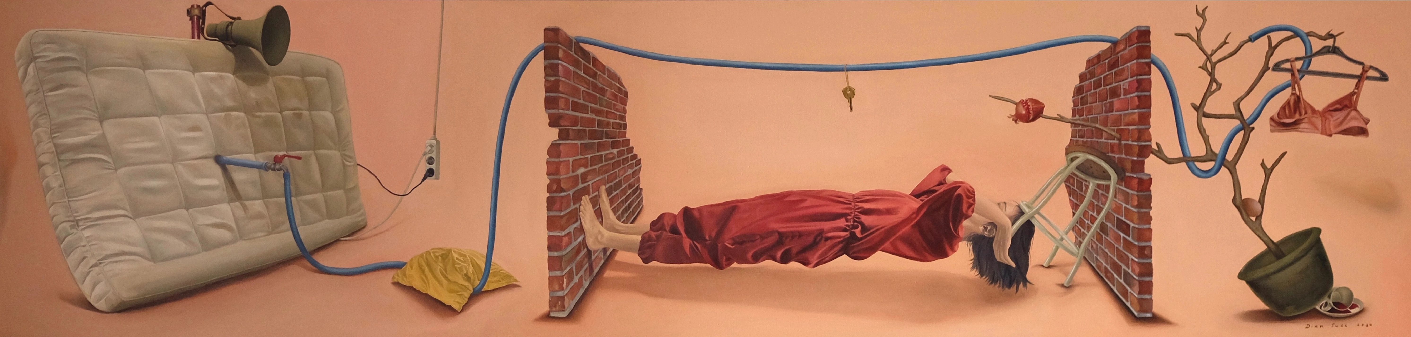 Dian Suci surrealist oil painting showing figure in red suspended between brick walls, 2020