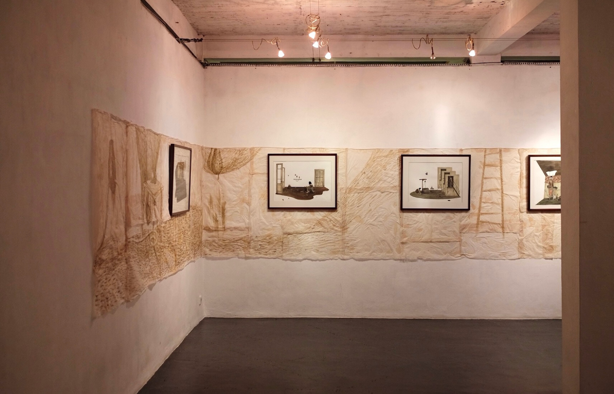 Dian Suci 2018 installation with watercolor prints and tea-dyed bread paper on gallery walls